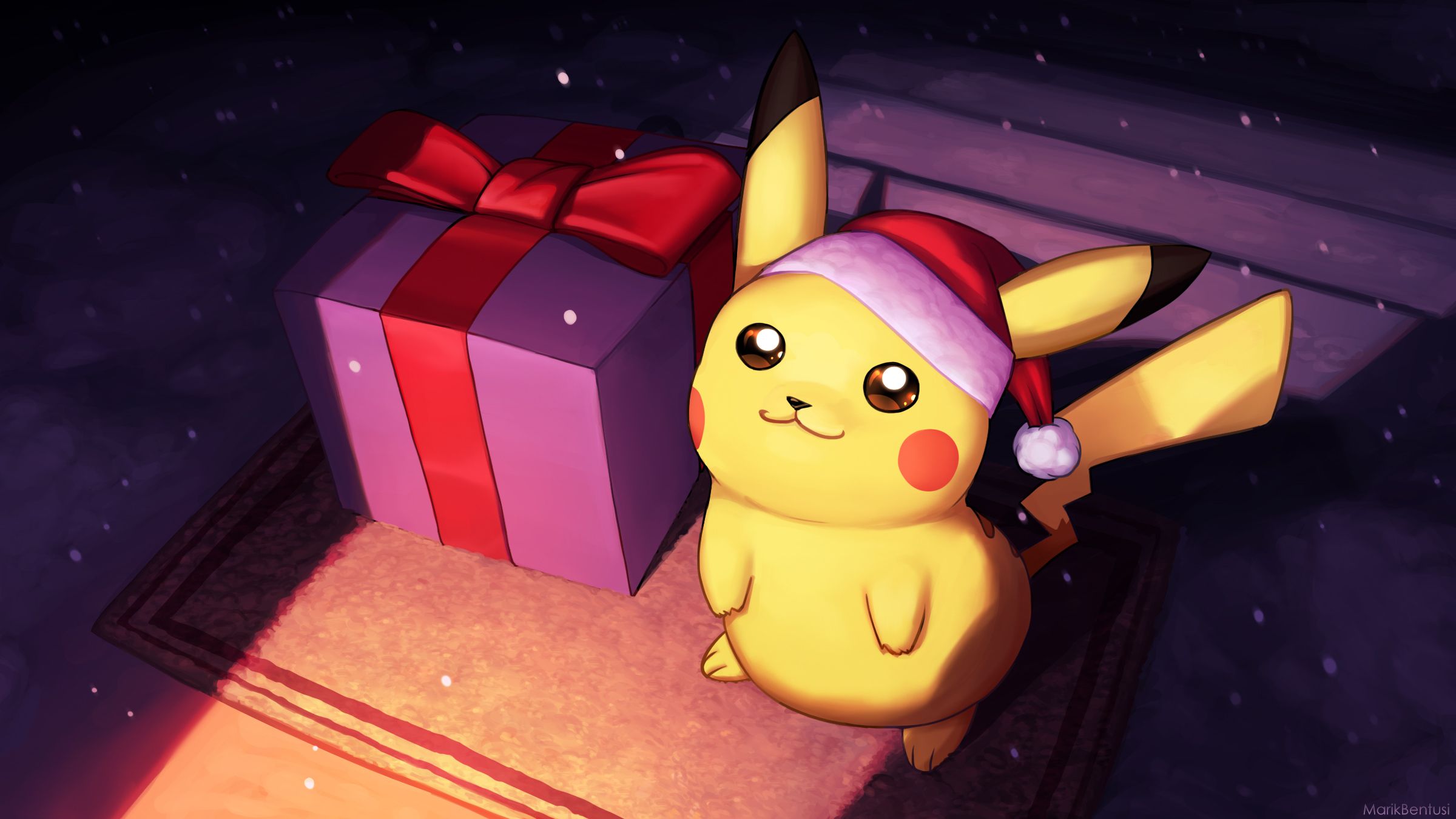 2400x1350 Anime Christmas Pikachu Santa Hat Wallpaper