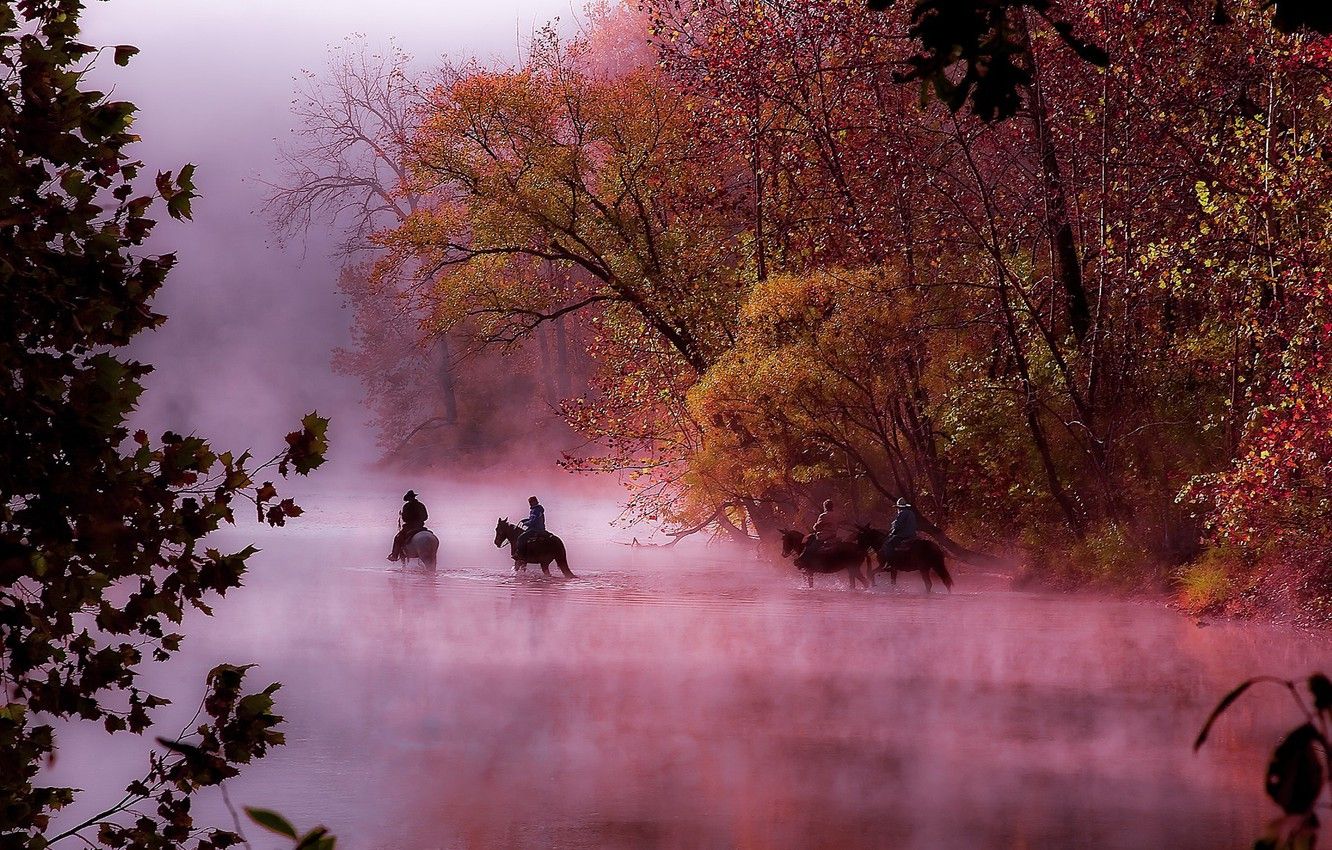 1332x850 Wallpaper Autumn Fog River Morning Riders Missouri