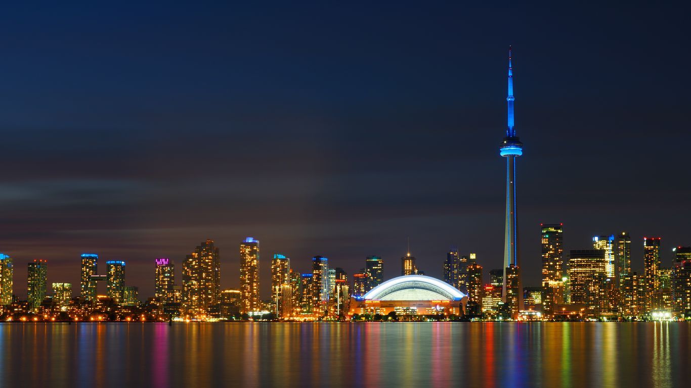 1366x768 Download Wallpaper 1366x768 Toronto Skyscrapers Night Panorama Tablet Laptop Hd Background