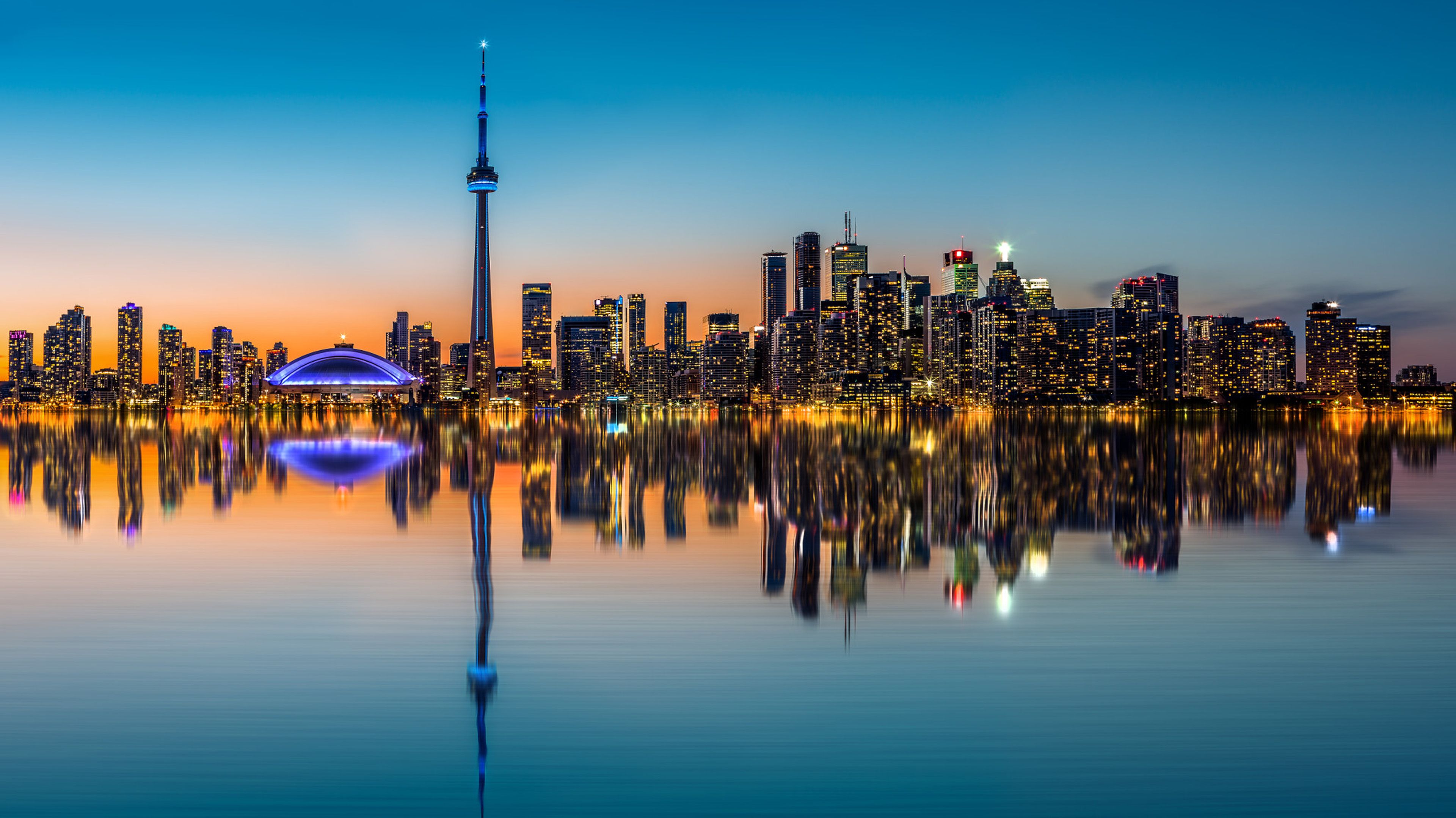 3840x2160 Toronto Skyline Reflection Of Buildings In Harbor Bay Harbor Bay Toronto Canada Night Landscape Hd Wallpaper For Tablets Free Download