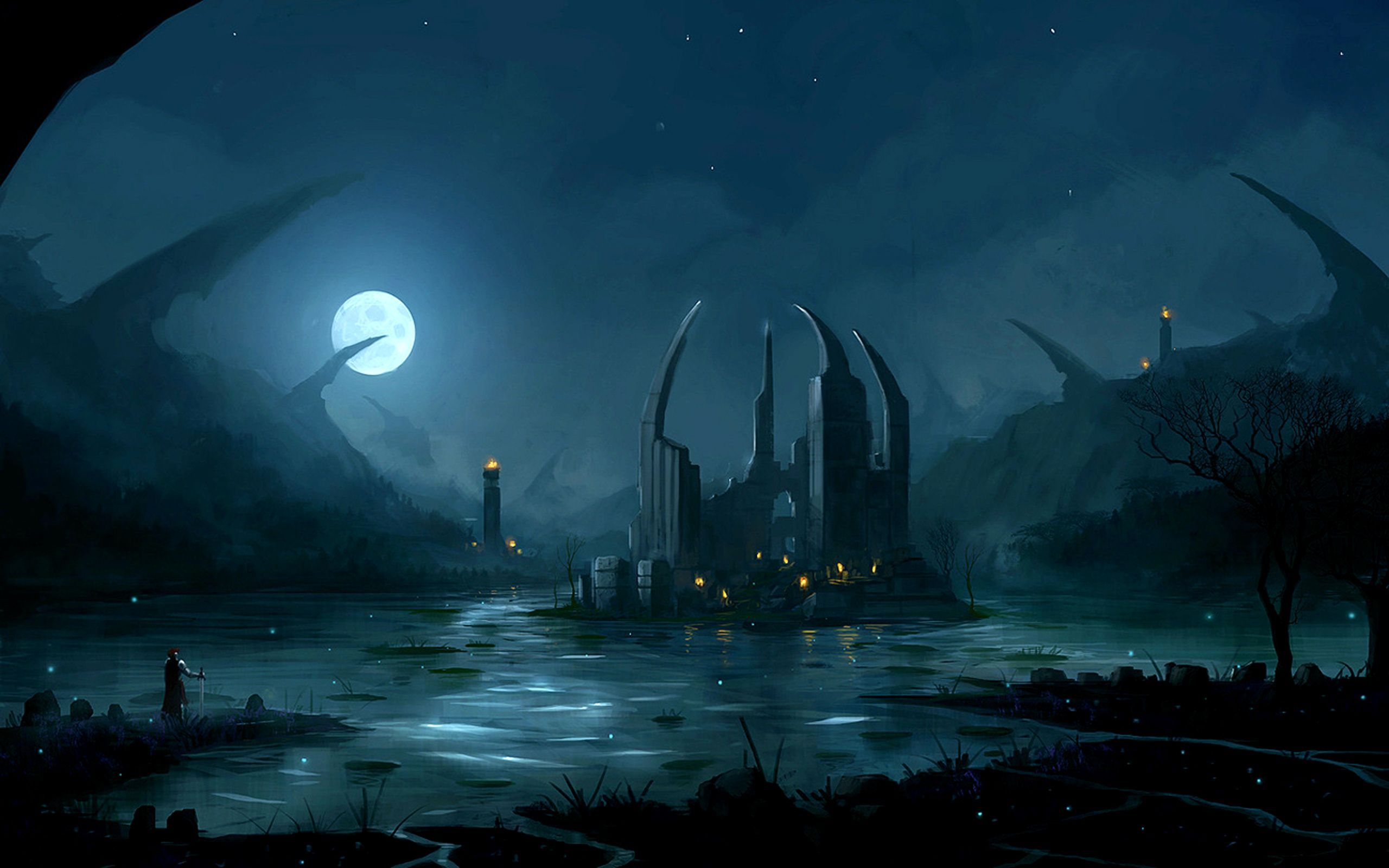 2560x1600 Fantasy World Moon Dark Night Castle Wallpaper Fantasy Landscape Anime Scenery Wallpaper Anime Scenery