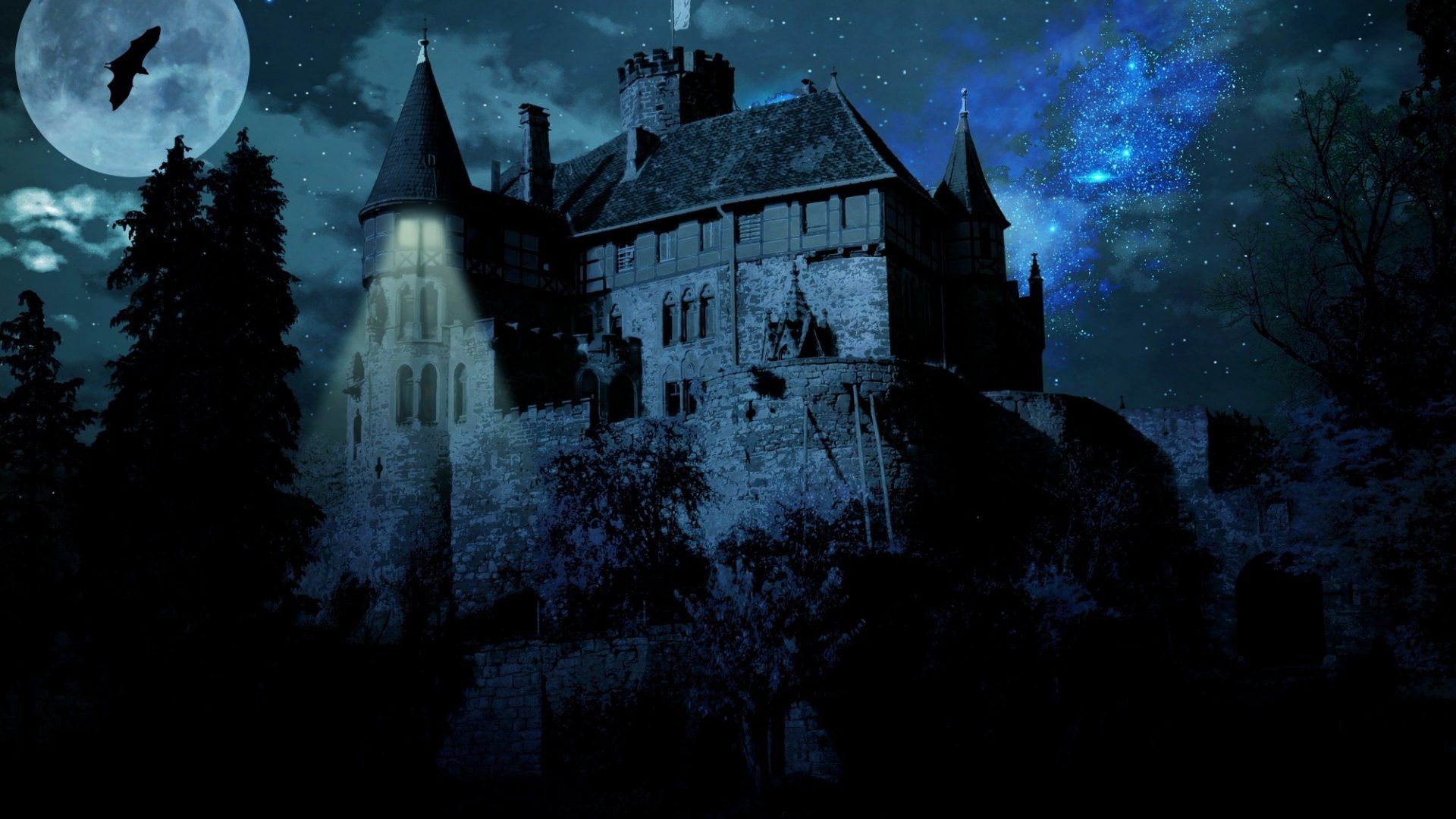 1920x1080 A Haunted Castle On A Full Moon Night Hd Wallpaper