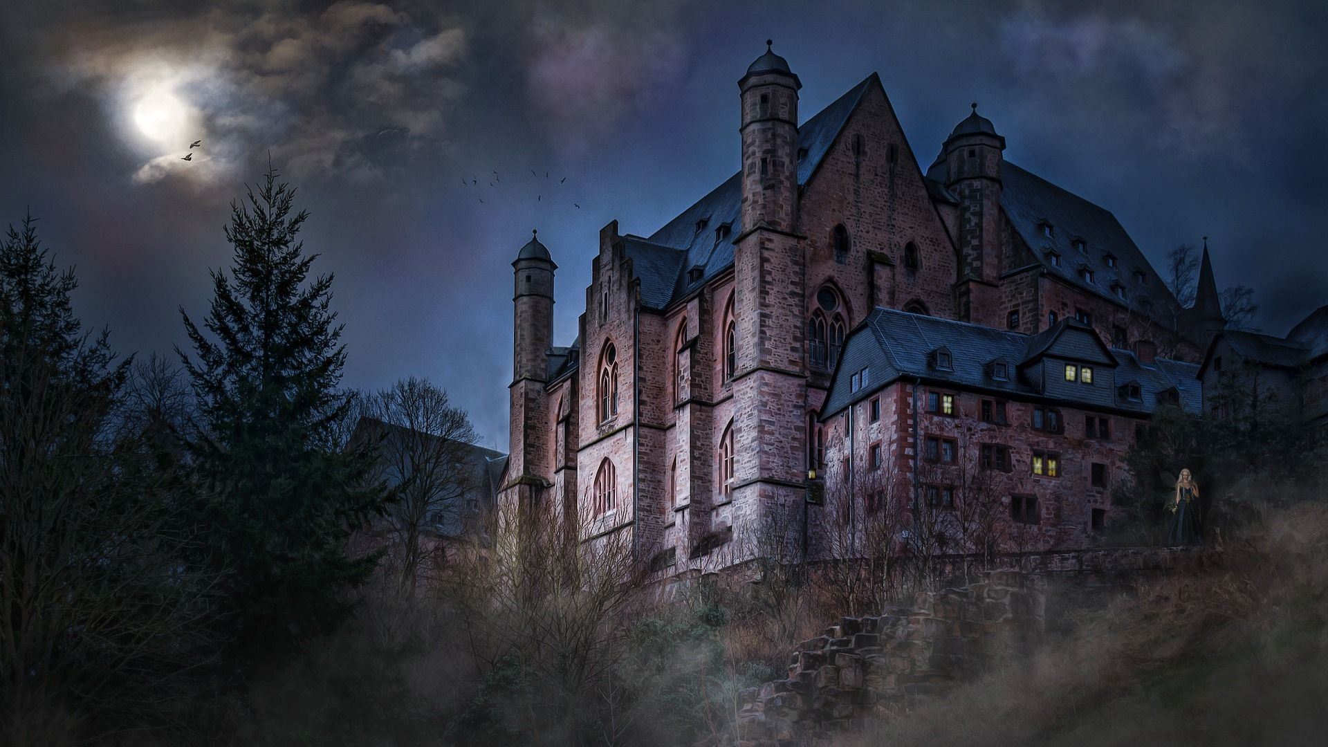 1920x1080 Scary Haunted Castle And Night Sky Wallpaper