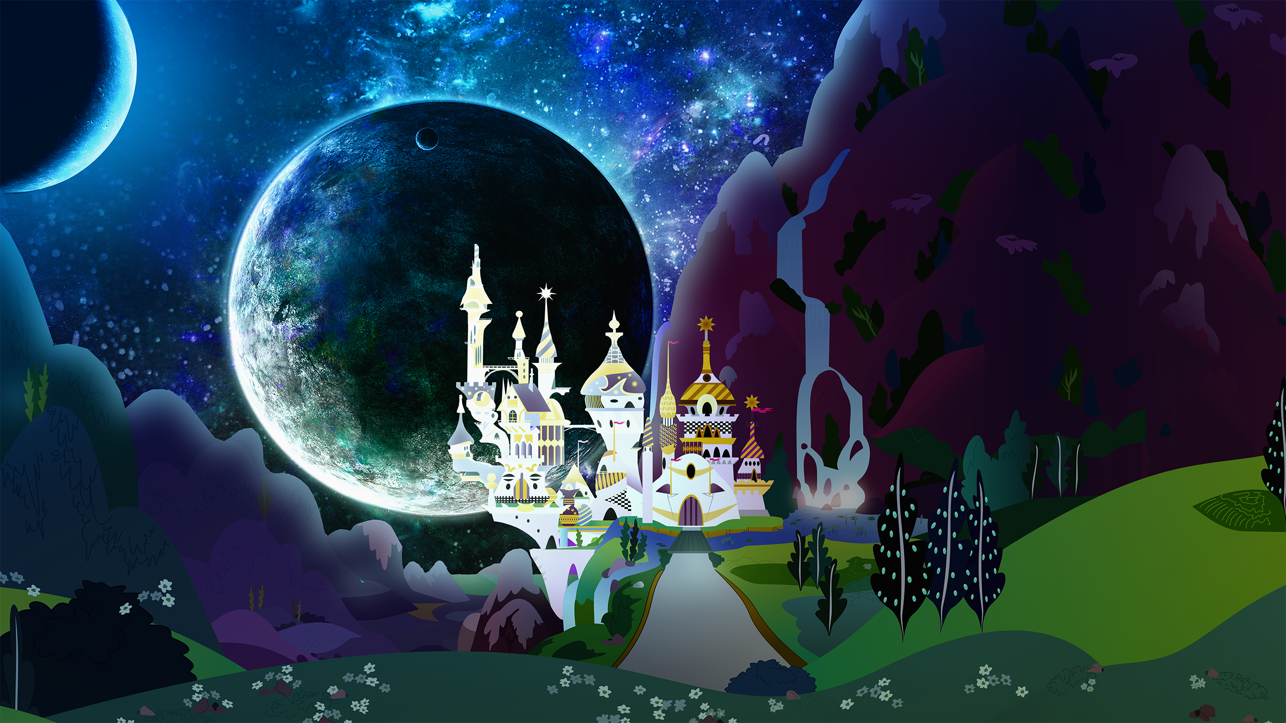 2560x1440 Artist Skrayp Background Canterlot Canterlot Castle Edit Moon Night Safe Space Vector Wallpaper