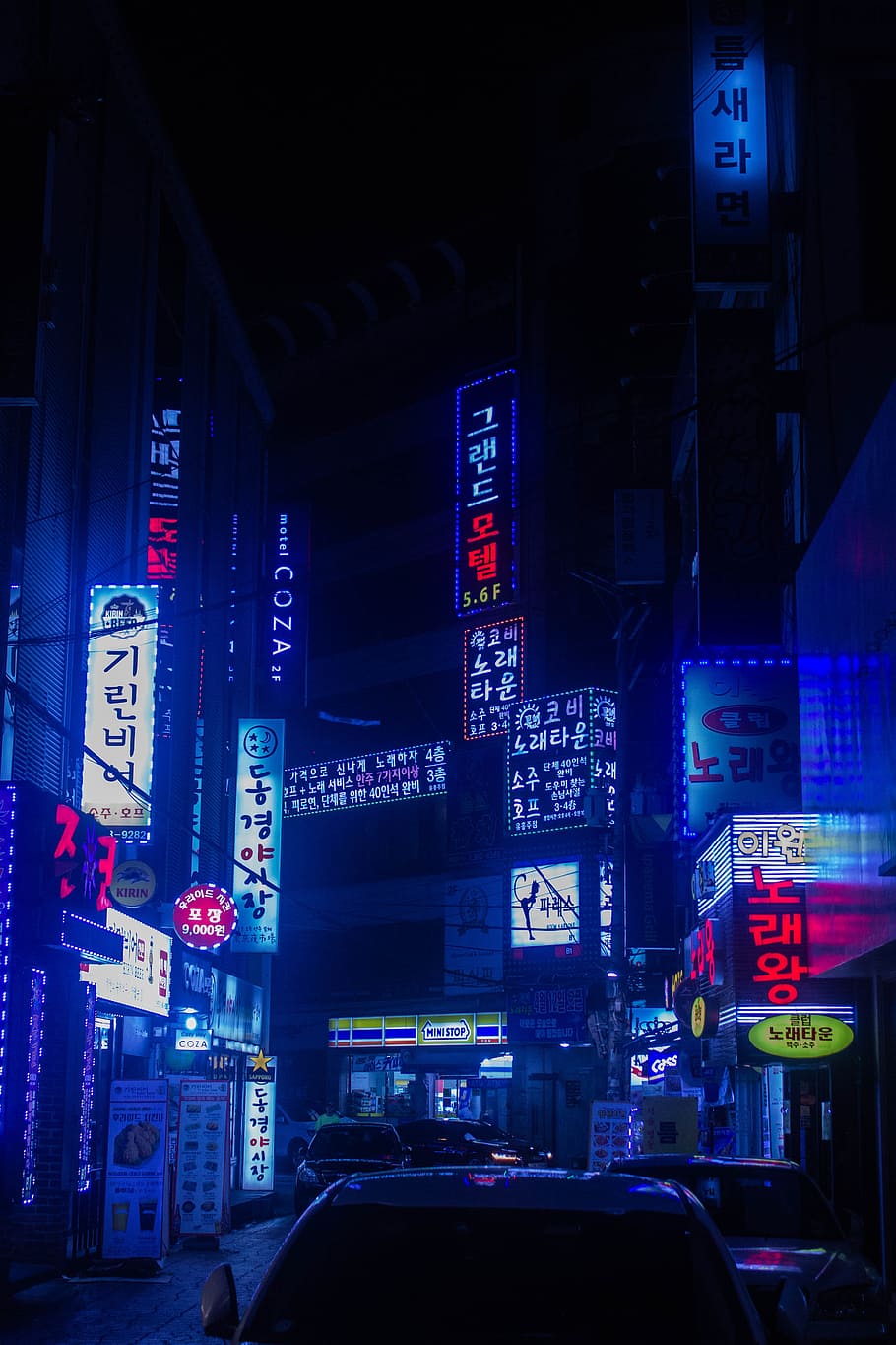 910x1365 Hd Wallpaper Building Signage Turned On During Nighttime Korea Neon Blue Neon