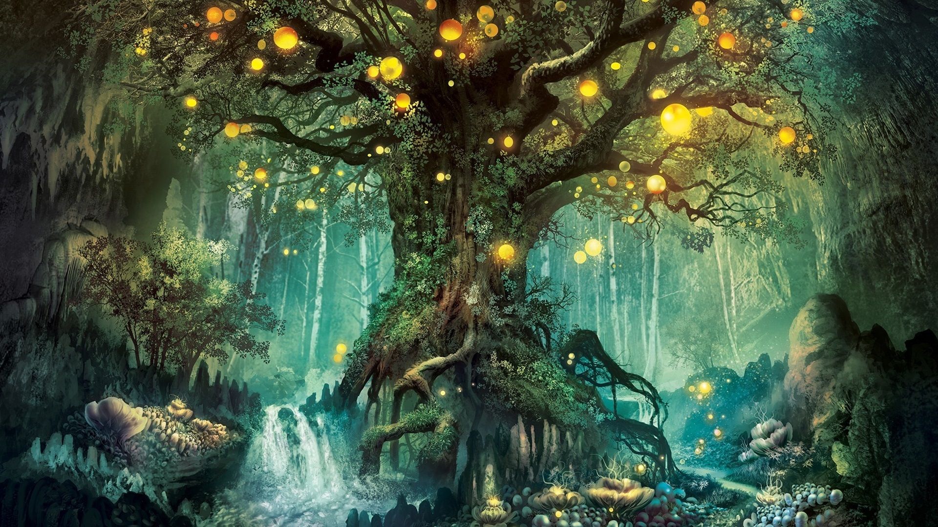 1920x1080 Magic Forest Tree Lights Creative Design Wallpaper