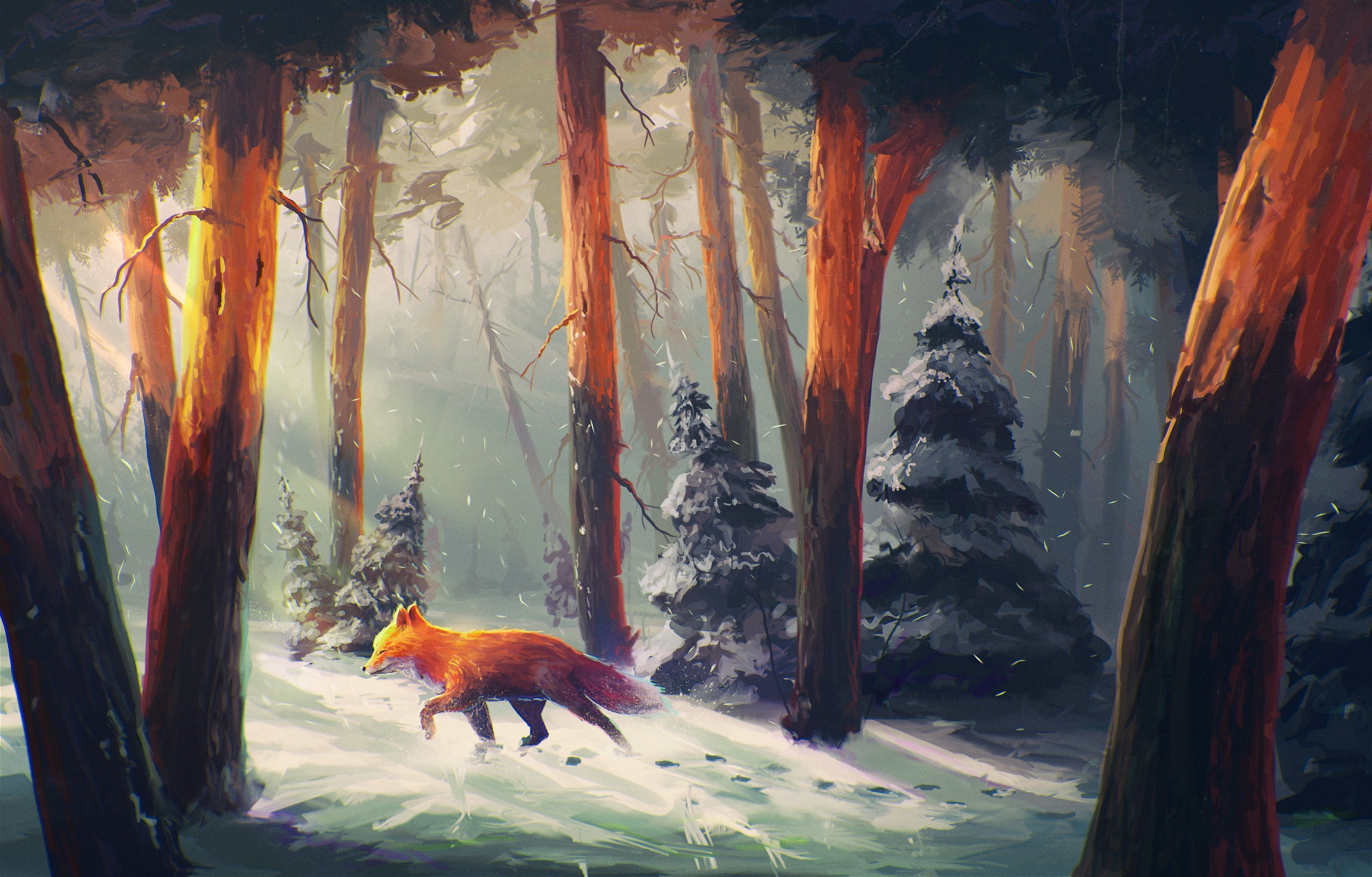 3500x2238 Fox In Forest Painting Wallpaper Hdwallpaperfx Forest Painting Canvas Art Prints Fox Art