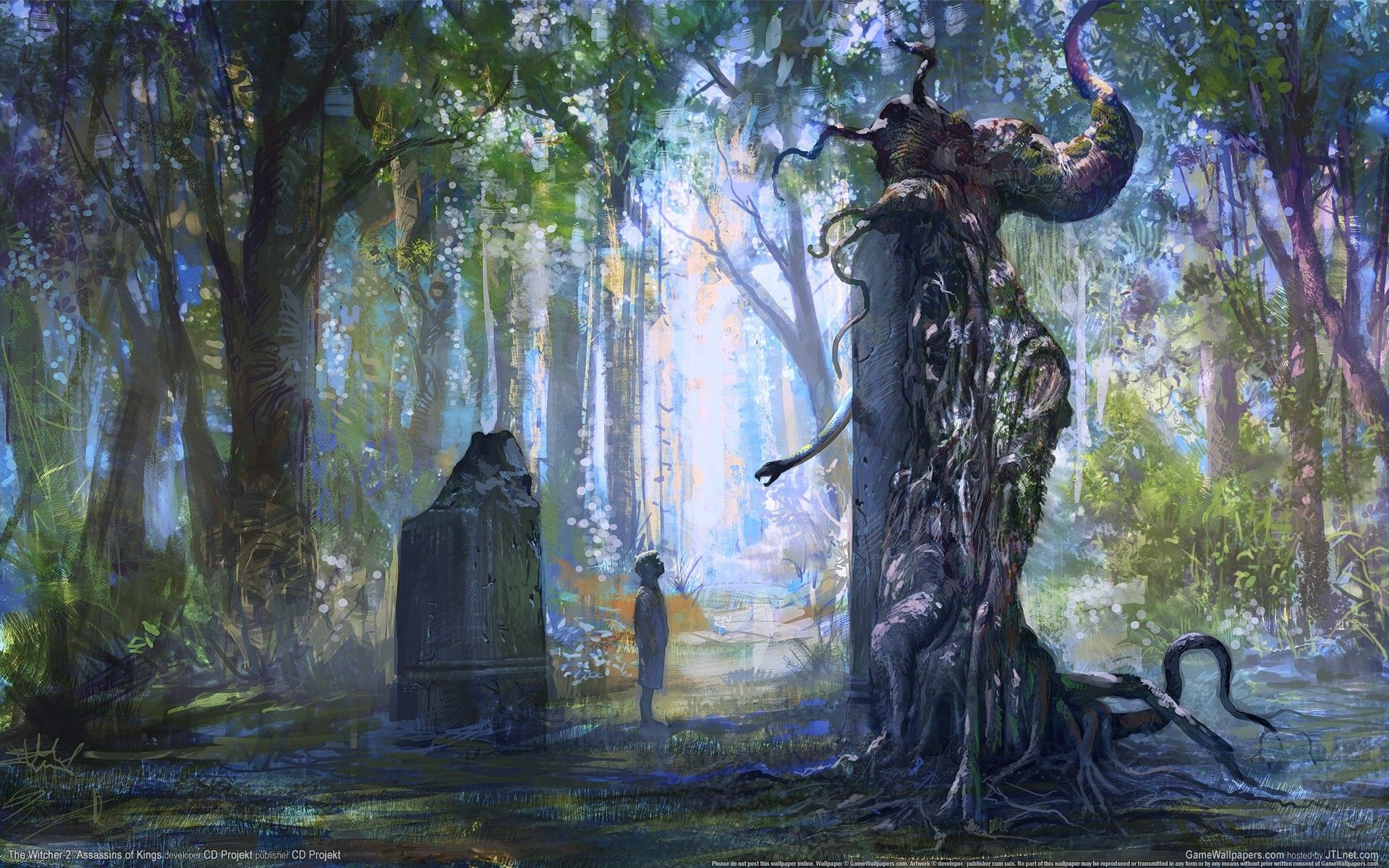 1920x1200 Wallpaper Scenic Tree Forest Witcher Snake Ruins Image Painting