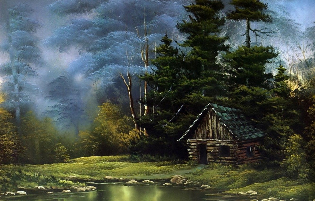 1332x850 Wallpaper Forest Water Trees Landscape Nature Lake House Stones Hut Picture Painting Bob Ross Bob Ross Image For Desktop Section