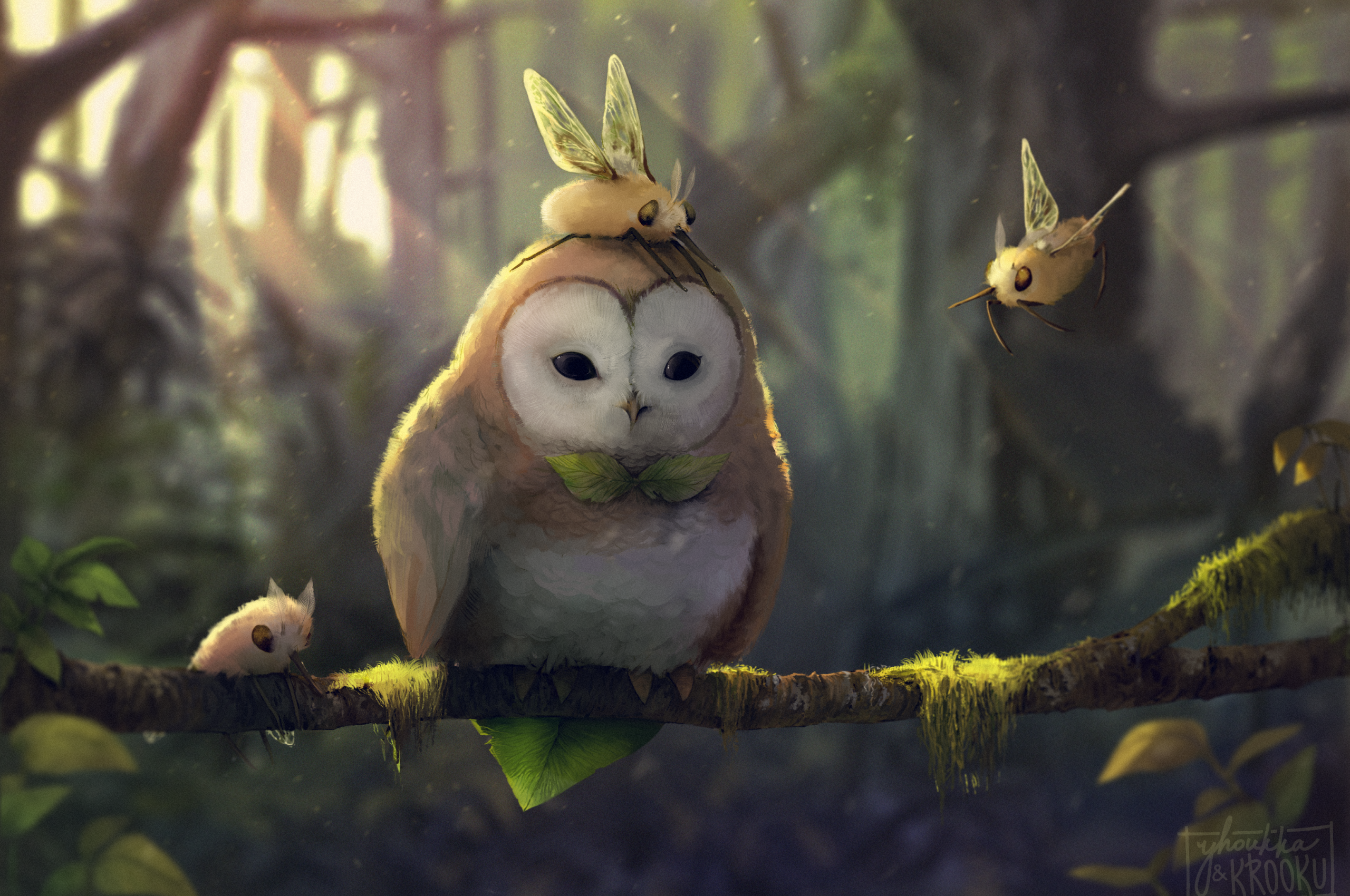 2560x1700 Download 2560x1700 Owl Insects Artwork Forest Sunbeam Painting Branch Wallpaper For Chromebook Pixel