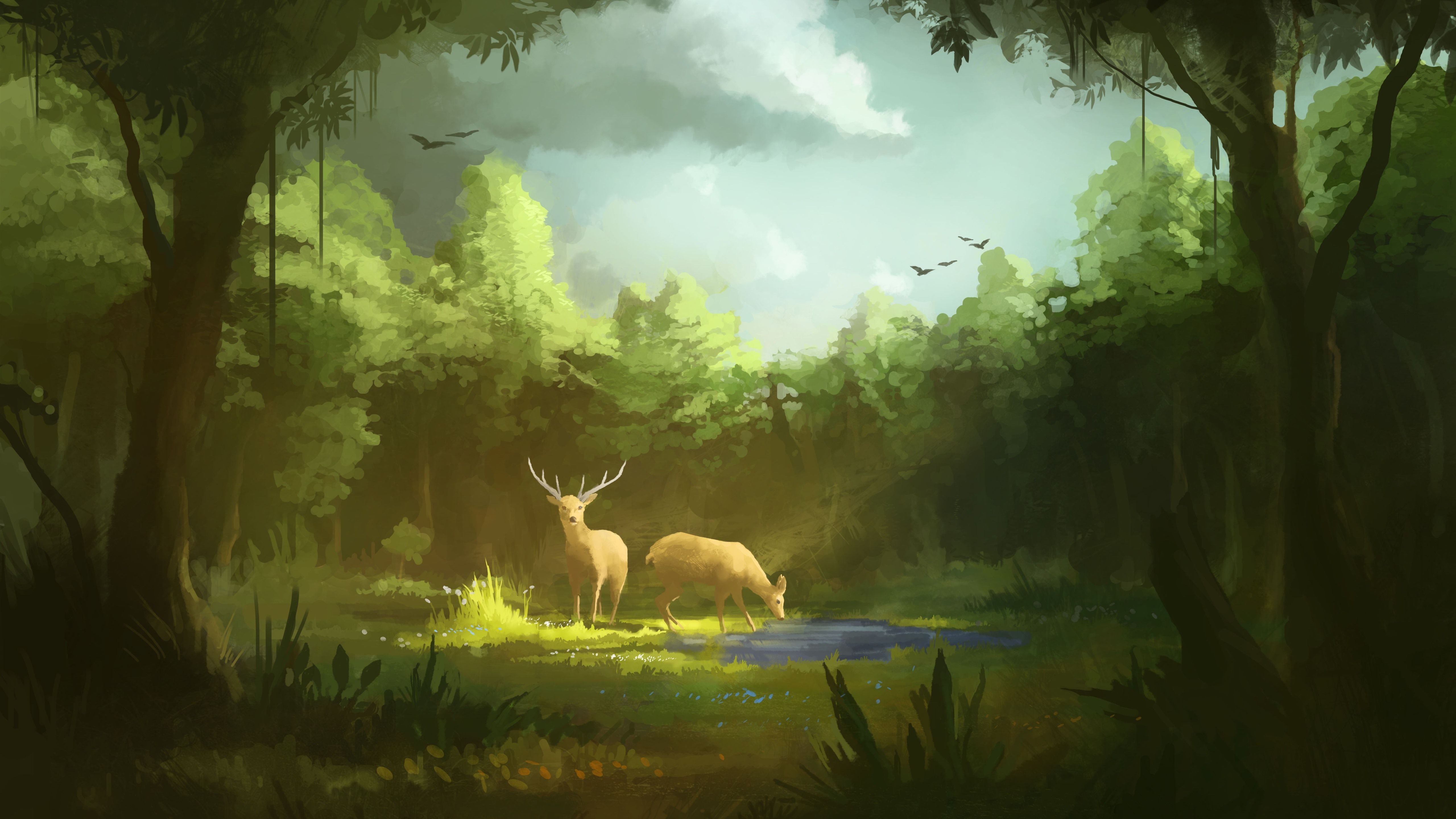 5120x2880 Wallpaper Art Painting Forest Deer 5120x2880 Uhd 5k Picture Image
