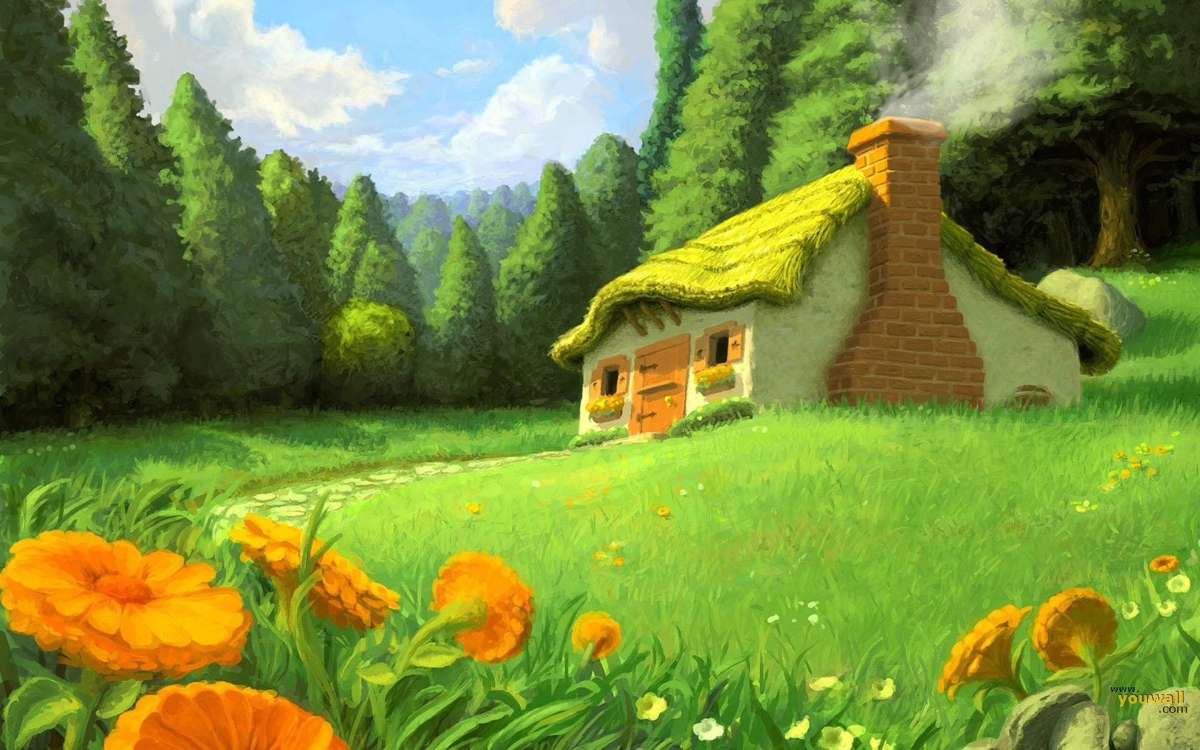 1680x1050 House In The Forest Painting