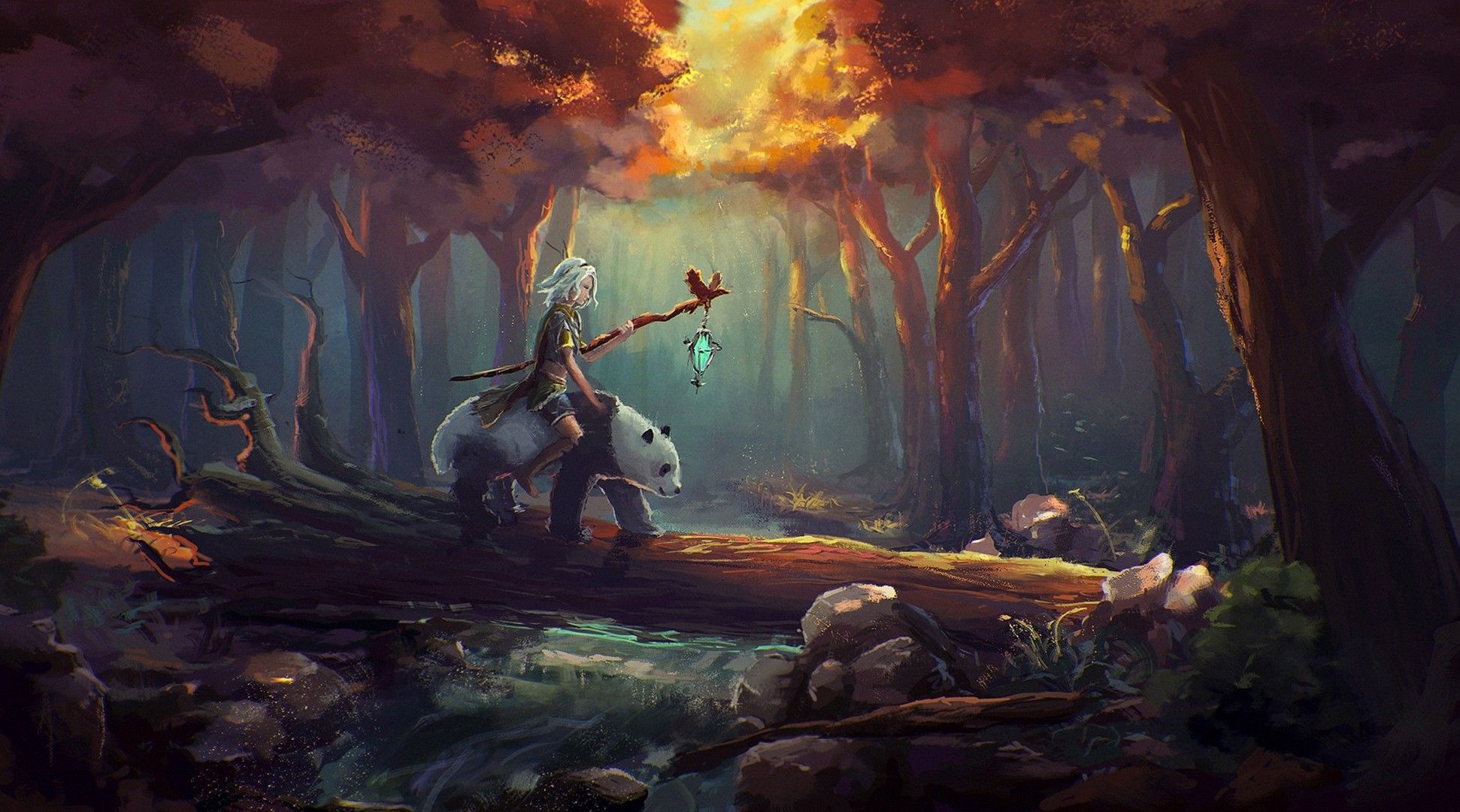 1942x1080 Fantasy Art Panda White Hair Forest Painting Wallpaper Hd Desktop And Mobile Background