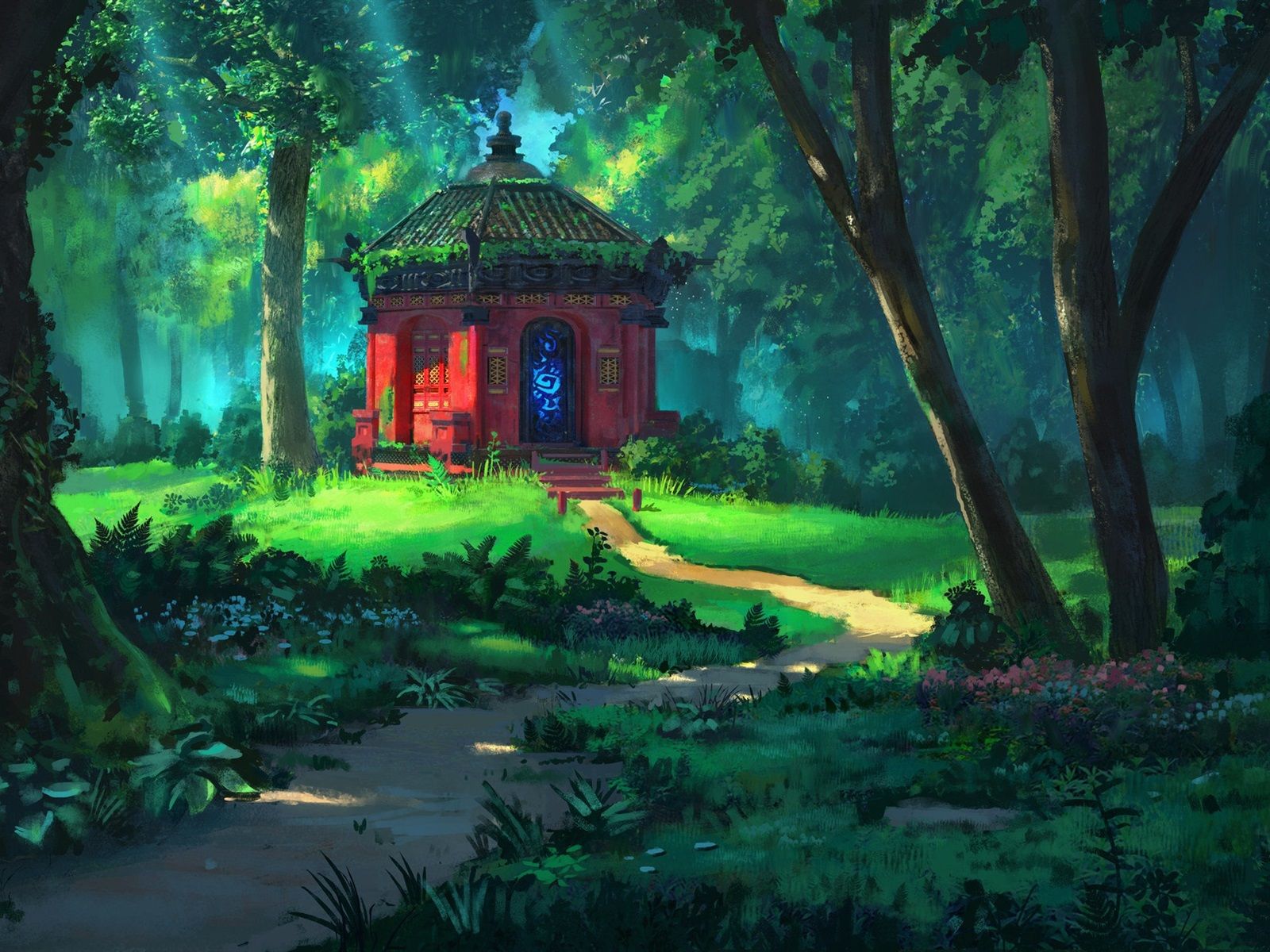 1600x1200 Wallpaper Forest Trees Temple Grass Summer Art Painting 1920x1200 Hd Picture Image