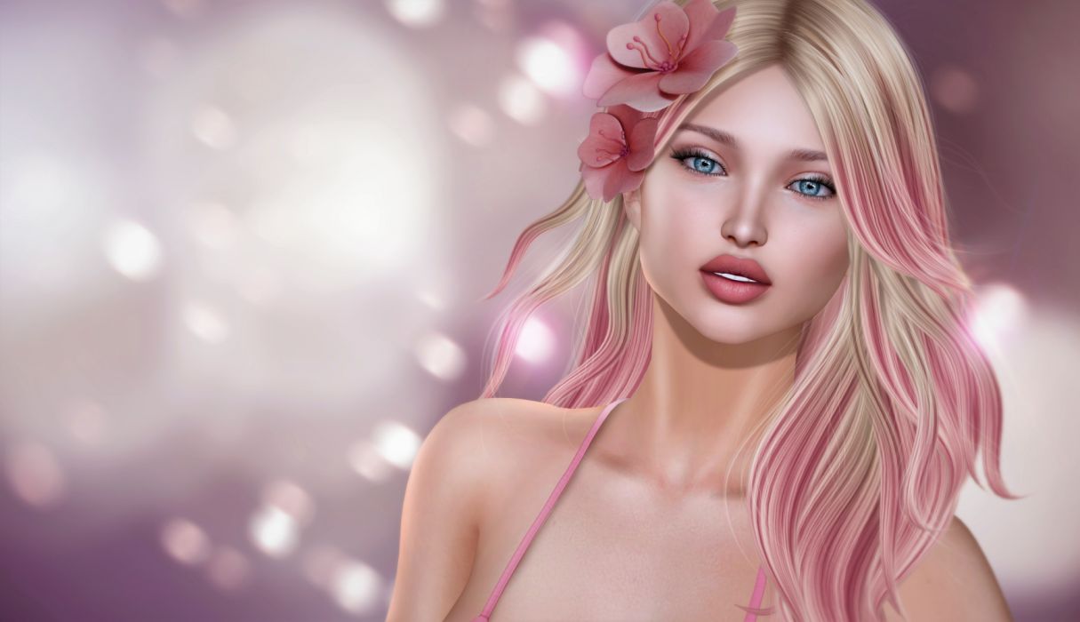 1215x700 Blonde Blue Eyes Fantasy Flower Girl Lipstick Pink Woman Wallpaper 5900x3400