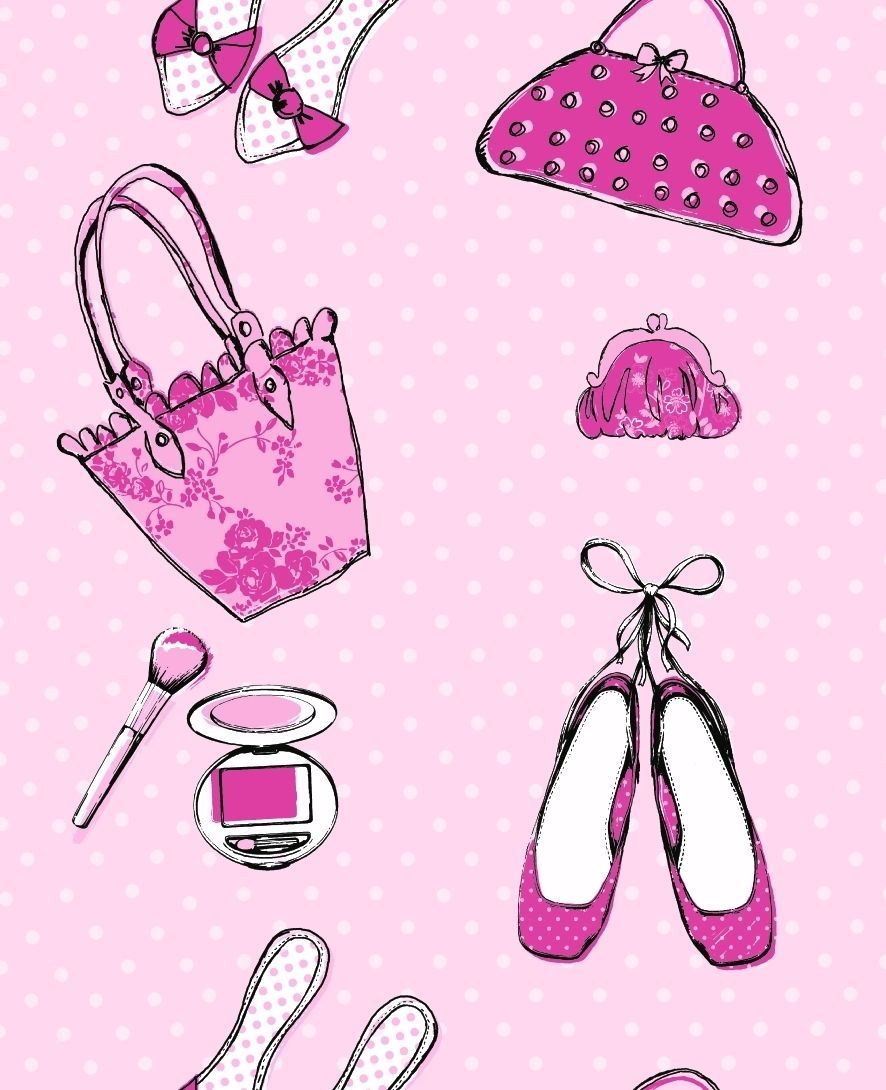 886x1090 Details About Pink Girls Wallpaper Cute Shoes Handbags Bedroom Nursery Teen Modern Debona