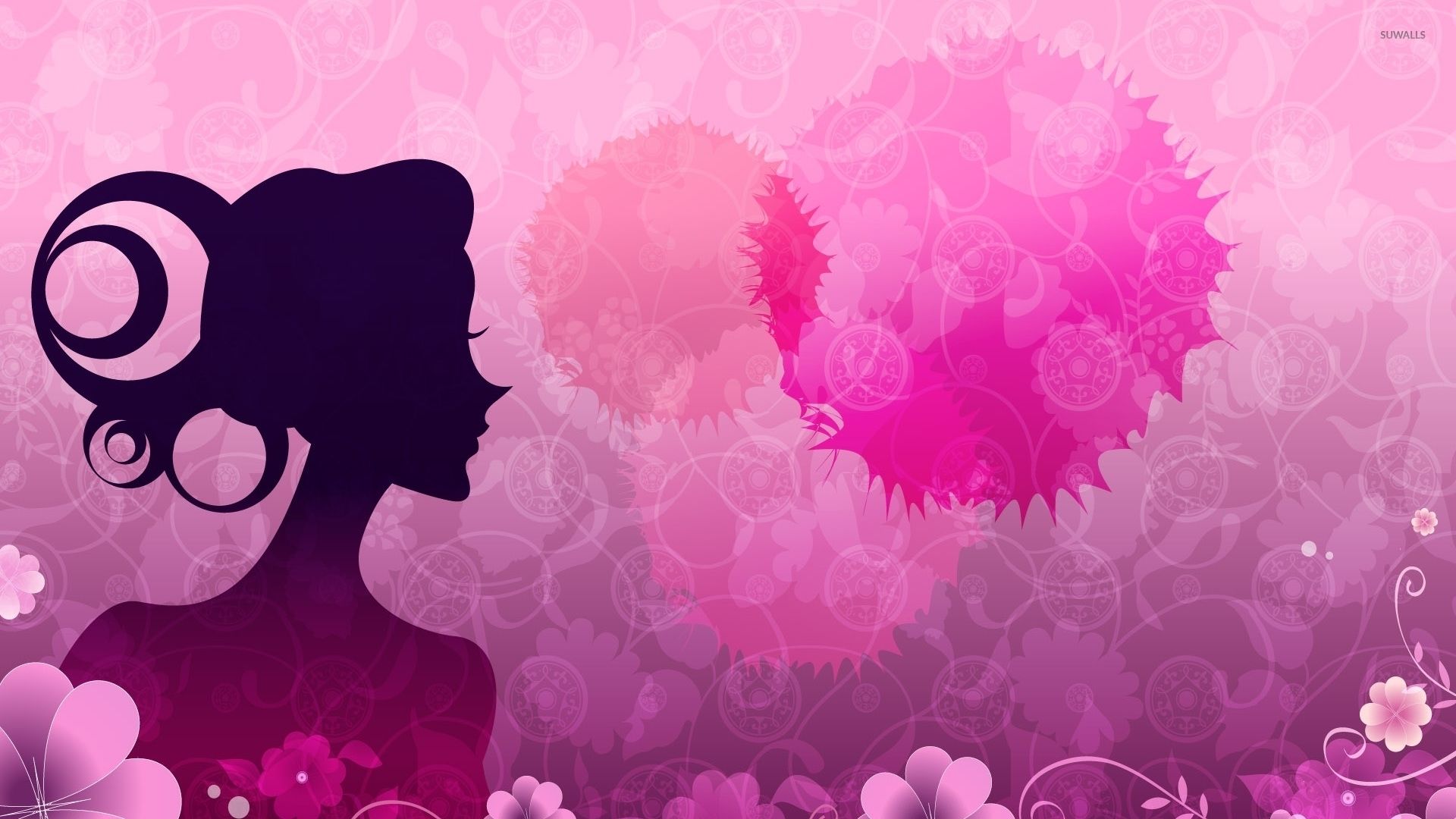1920x1080 Woman Silhouette By The Pink Flowers Wallpaper Vector Wallpaper