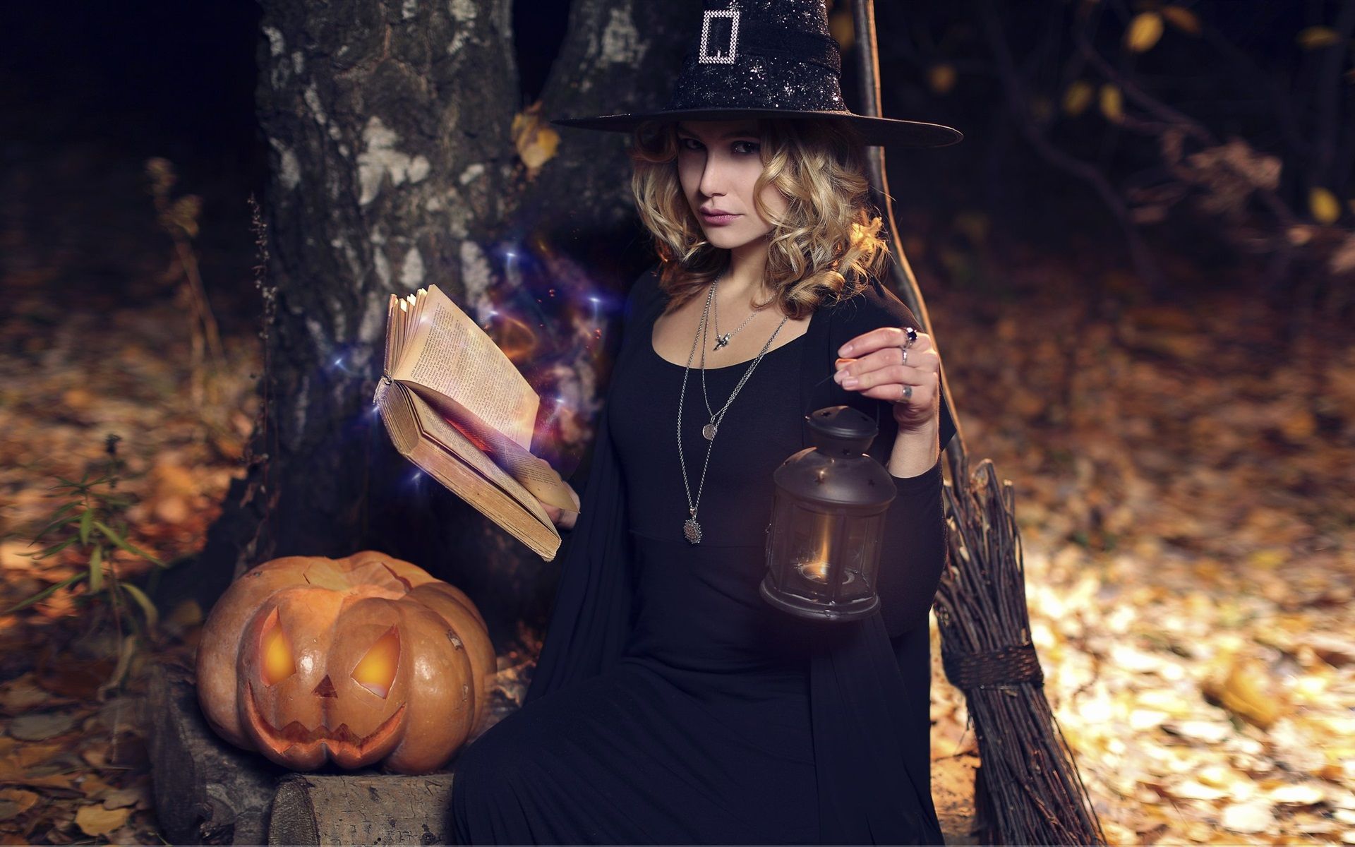 1920x1200 Wallpaper Halloween Witch Girl Broom Pumpkin Lantern 2560x1440 Qhd Picture Image