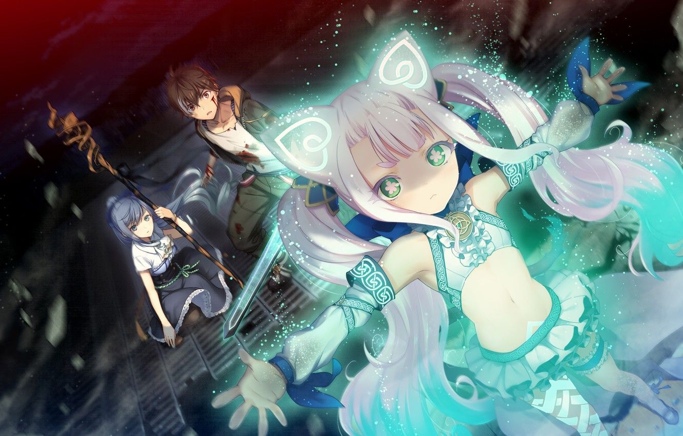 1332x850 Wallpaper Cat Girl Sword Girl Staff Guy Witch Games Anime Art Deep One Image For Desktop Section