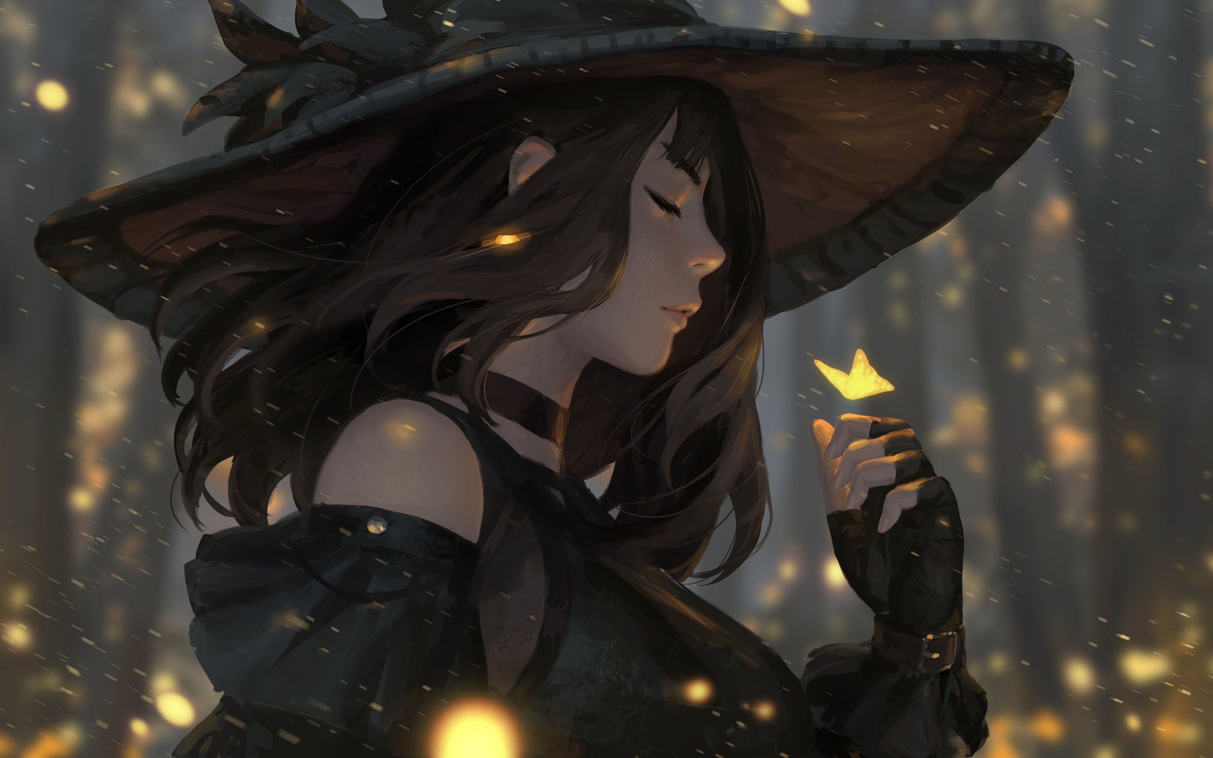 4096x2560 Download 4096x2560 Anime Witch Girl Profile View Closed Eyes Magic Spell Brown Hair Wallpaper