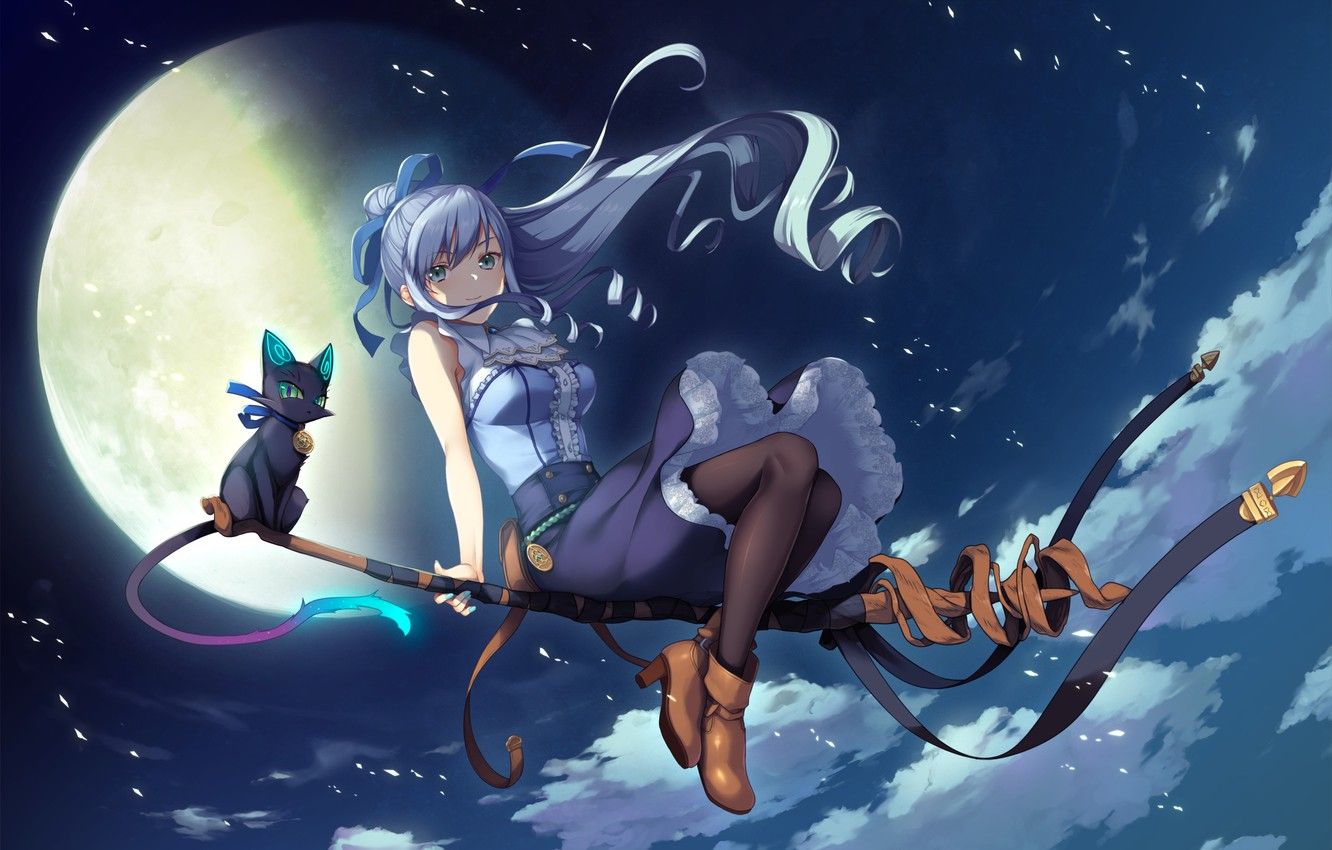 1332x850 Wallpaper Cat Girl Night The Moon Witch Broom Anime Games Art Deep One Image For Desktop Section