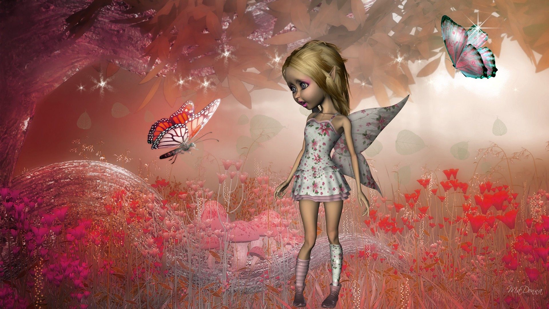 1920x1080 Flowers Spring Fantasy Butterfly Fairy Amazement Foret Mushrooms