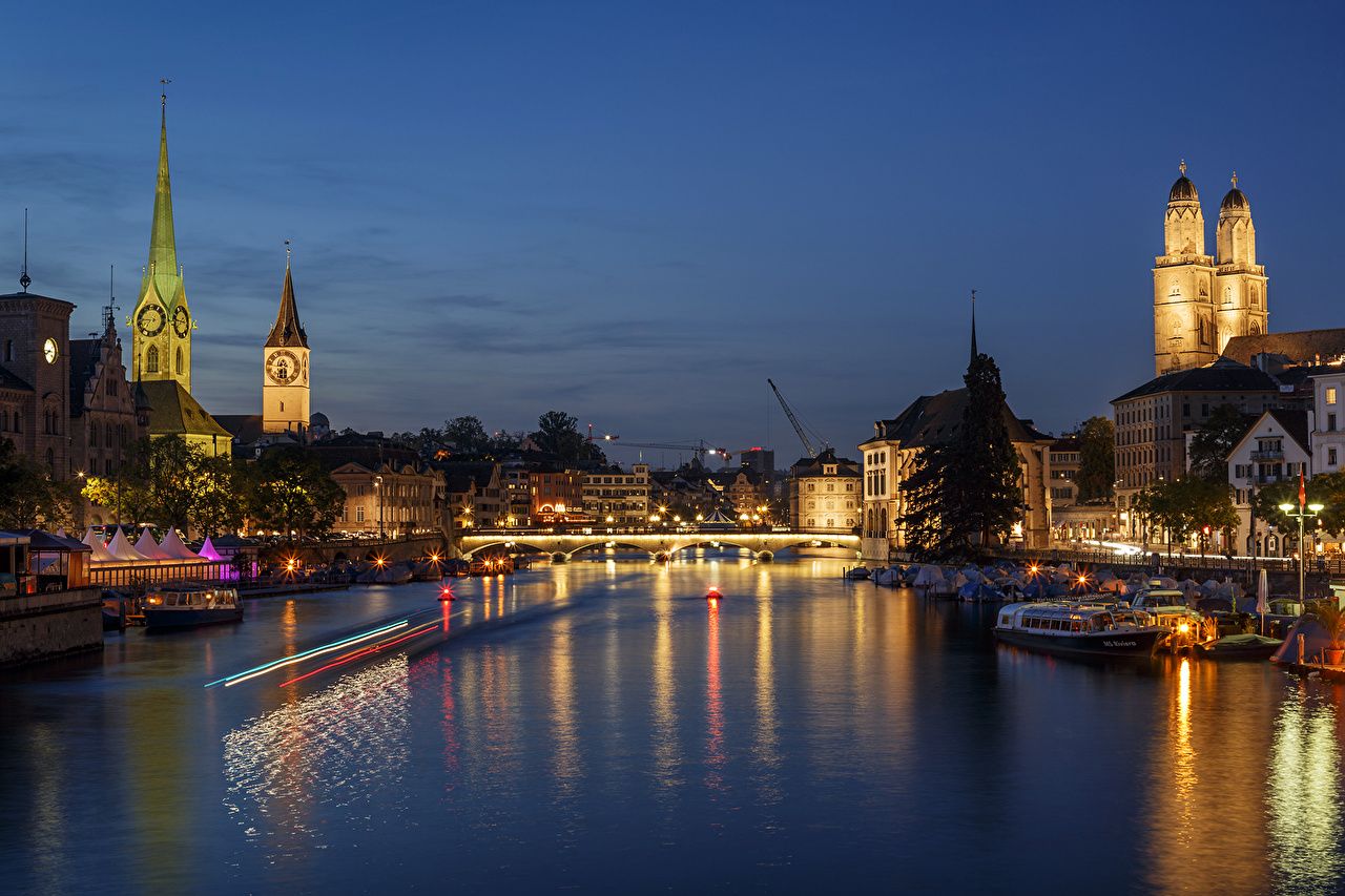 1280x853 Desktop Wallpaper Zurich Switzerland Bridges Sky Pier River Night