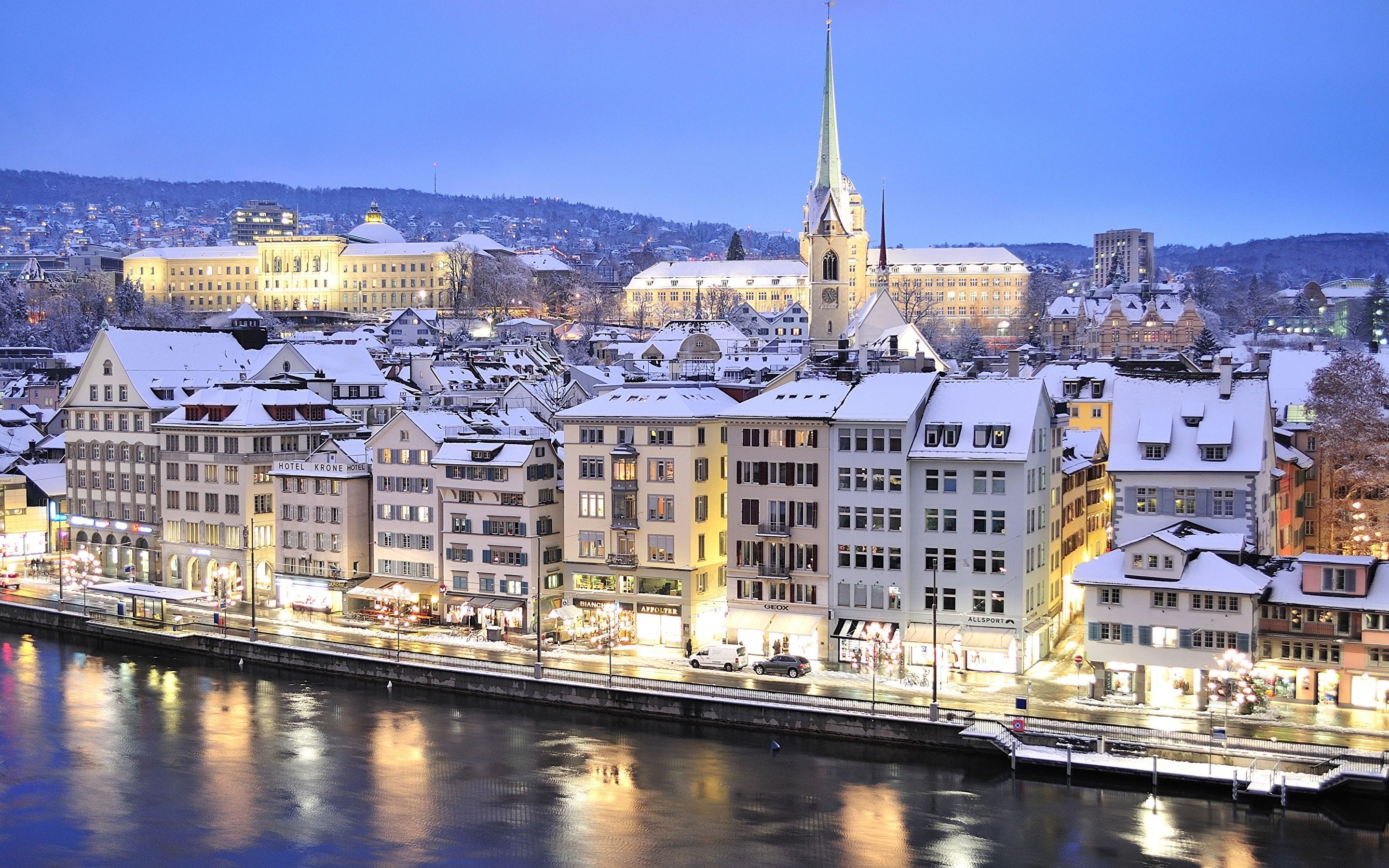 2880x1800 Picture Zurich Switzerland Winter Rivers Cities Houses 2880x1800
